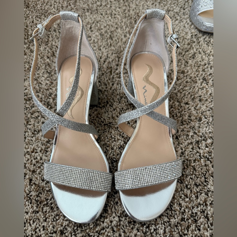 Nina Silver Rhinestone Ankle Strap Block Heel Sandals